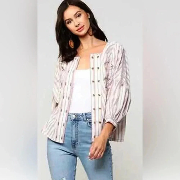 NEW BLUHEAVEN by Umgee  M Red white striped Bishop Sleeve Button Down - Picture 1 of 4